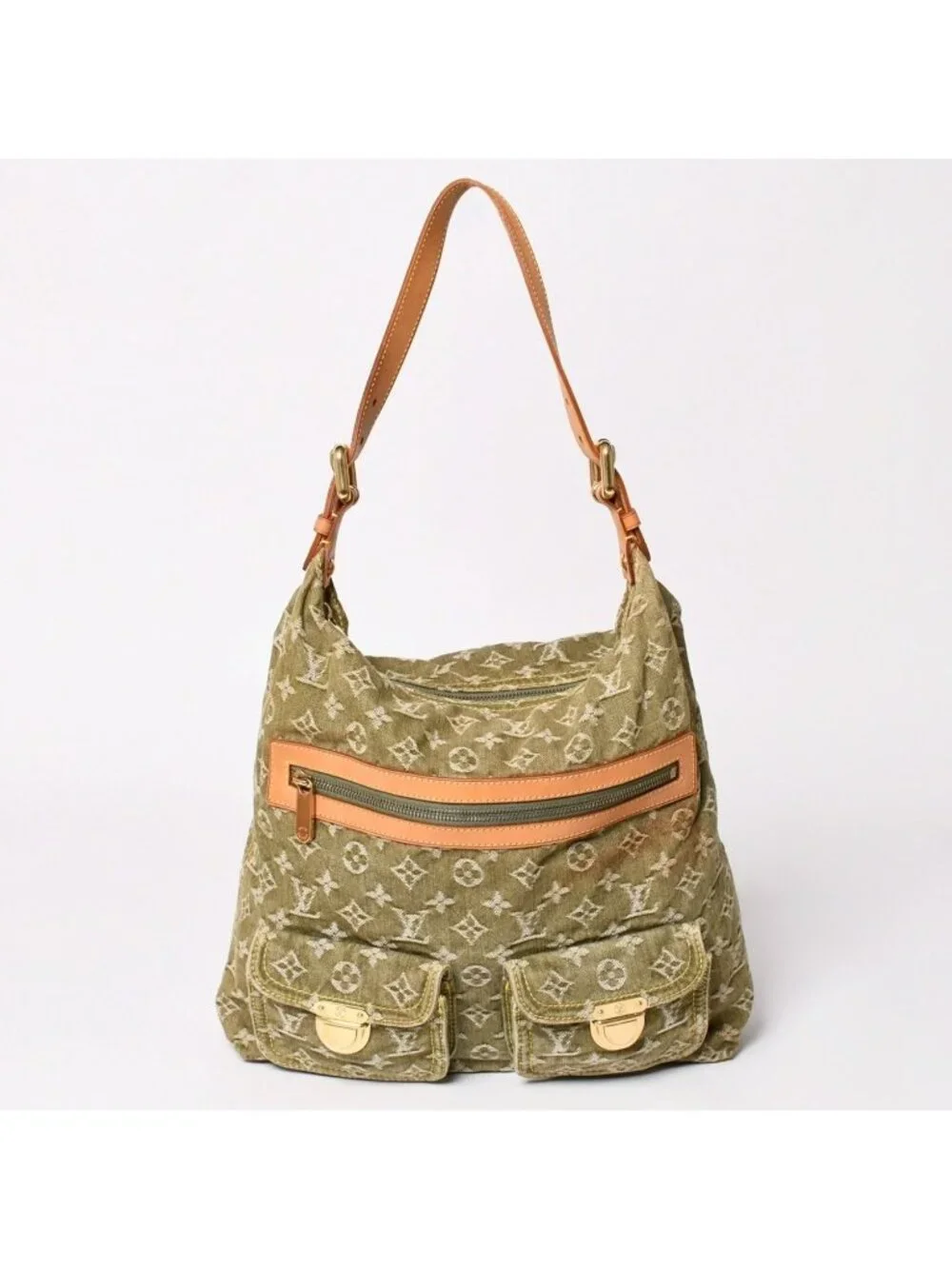 Louis Vuitton Monogram Denim Baggy GM Green White Gold Vachetta Leather